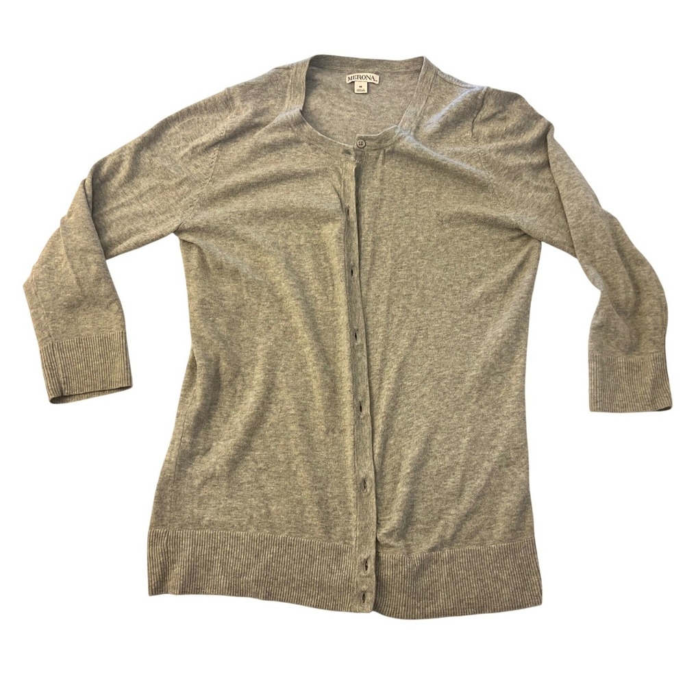 Merona Gray Button Front Cardigan Sweater Crew Neck 3/4 Sleeve Medium